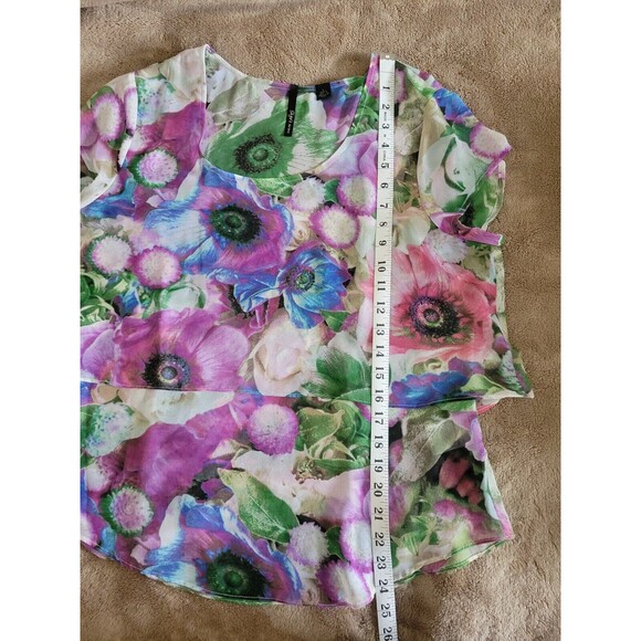 Sheer Bold Floral Tiered Double Layer‎ Cap Sleeve Blouse Top Large - Picture 9 of 9
